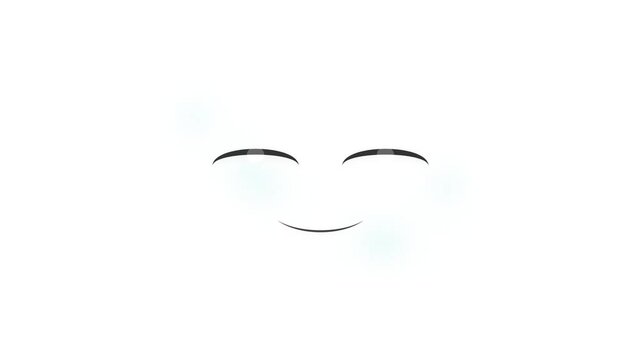 Minimalist flat vector illustration of a happy smiling face with closed eyes and a curved mouth on a clean white background with subtle soft blue glowing bokeh light effects.