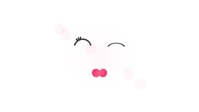 Minimalist 2D animation of a cute winking face with pink glowing lips and a small heart on a white background with soft bokeh circles, ideal for love or Valentine's Day themes.