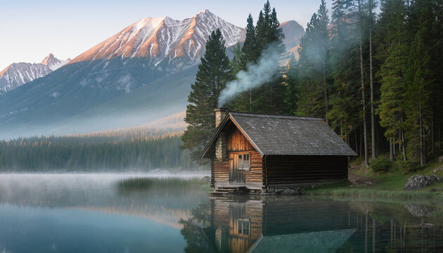 Rustic wooden cabin on lake with misty mountains and forest