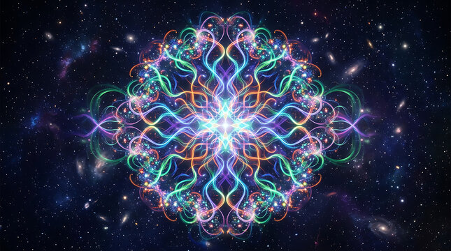 Intricate luminous fractal mandala in dark interstellar space with symmetry abstract geometric background colorful interstellar
