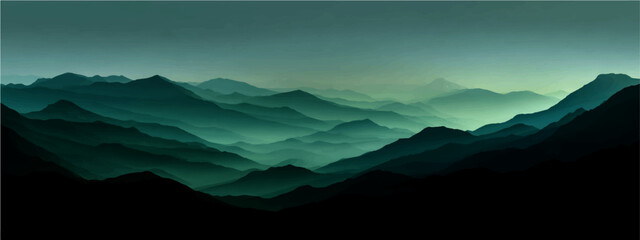Misty mountain range at dawn, ethereal mist enshrouds majestic peaks, casting serene, tranquil, and otherworldly aura over the vast landscape. © Ateş