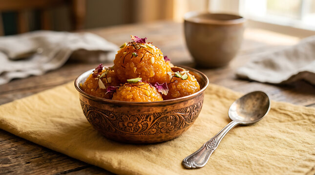 Traditional indian sweet laddu served in an ornate metal bowl with traditional confectionery handmade culinary celebration delicacy
