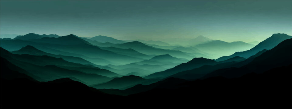 Misty mountain range at dawn, ethereal mist enshrouds majestic peaks, casting serene, tranquil, and otherworldly aura over the vast landscape.