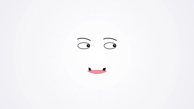 Minimalist 2D cartoon face illustration with simple line-art eyes and eyebrows on a bright white sunburst background. Small pink mouth with gaps for teeth or fangs.