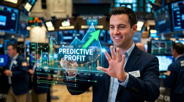 Smiling man in a suit touching a futuristic interactive predictive profit graph in a busy stock exchange.