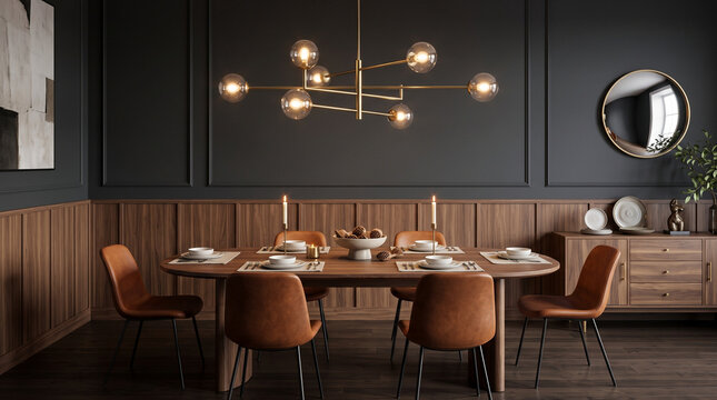 Modern Dining Room Elegance: A sophisticated dining room setup featuring a warm wood table, plush orange chairs, and a striking modern chandelier.