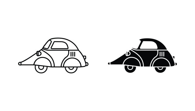 Microcar vector icon isolated on white Black and white outline line art and solid glyph silhouette