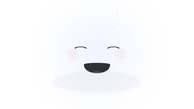 Minimalist white circular character face featuring closed eyes, pink rosy cheeks, and a wide open mouth against a clean white background with floating Z letters indicating sleep.