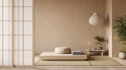 Fototapeta premium Serene Japanese Room with Zen Elements: A tranquil and minimalist Japanese-style room featuring a low platform bed, floor cushions, shoji screen, and a bonsai tree.