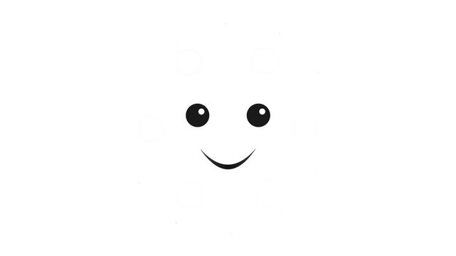 Minimalist black smiley face icon on white background with subtle bokeh texture and circular patterns; simple vector style illustration of a happy face with round eyes and curved smile.