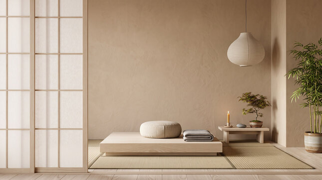 Serene Japanese Room with Zen Elements: A tranquil and minimalist Japanese-style room featuring a low platform bed, floor cushions, shoji screen, and a bonsai tree.