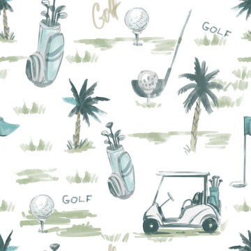 Golf sketch seamless pattern. Sports tools watercolor illustration. Hand drawn