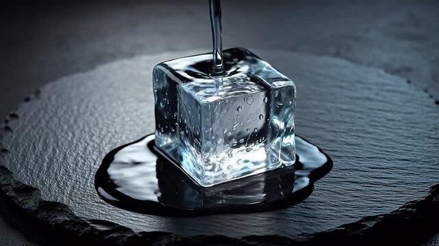 Transparent ice cube on dark stone surface