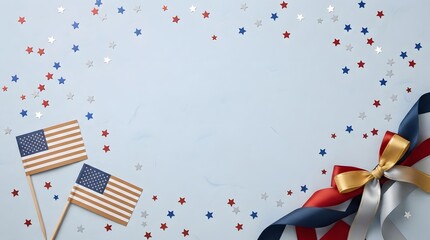 Obraz premium Labor day celebration american flags confetti and patriotic ribbon on blue background