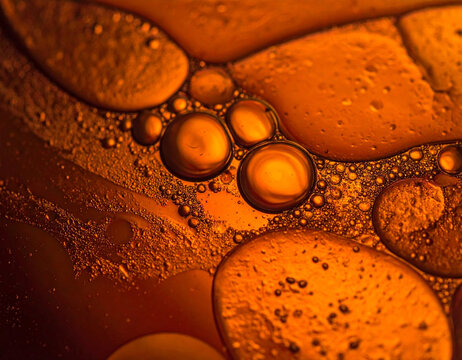Macro Photography of Amber Liquid Droplets Forming Organic Spherical Shapes in a Viscous Golden Fluid Mixture Background