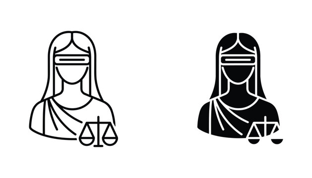 Lady Justice vector icon isolated on white Black and white outline line art and solid glyph silhouette