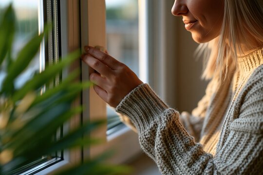 Adult opening window in bright apartment for fresh air in morning