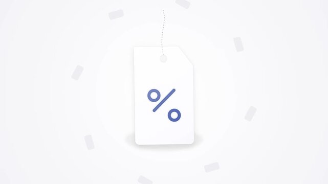 Minimalist white 3D hang tag with dark blue percent symbol on light gray background featuring floating rectangular shapes for retail discount promotion and e-commerce sales.
