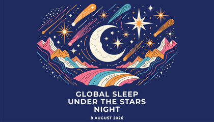 Vibrant celestial illustration featuring a crescent moon and shooting stars © Vectyx