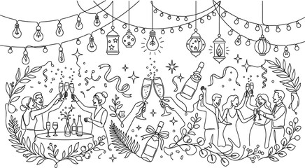 Obraz premium Group of People Celebrating with Champagne Toast Line Art Illustration.