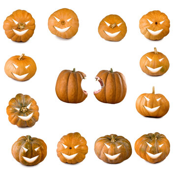 Several pumpkins are arranged in a grid with various carved faces. Each pumpkin shows a unique expression. The setting suggests it is during Halloween time.