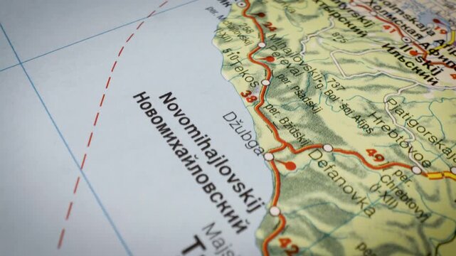 gliding view over the road map from tuapse to novorossiysk, russia