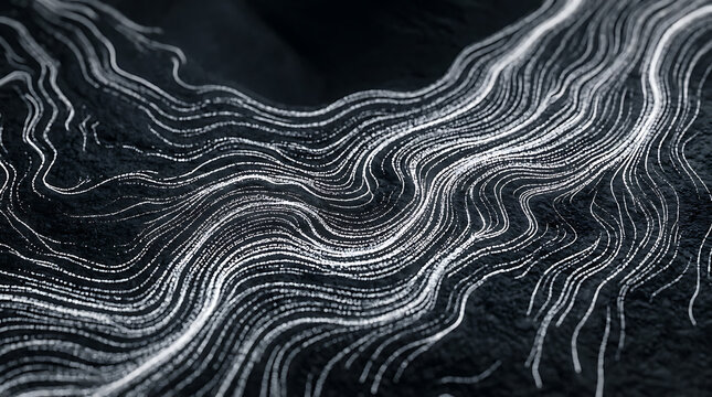 Abstract flowing wave patterns of white glowing particles on black background with abstract particles background technology minimalist