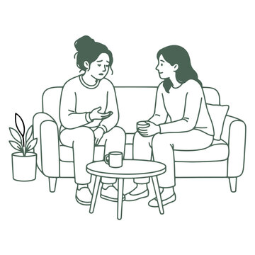 Caregiver talking to supportive friend, emotional support vector illustration, line art