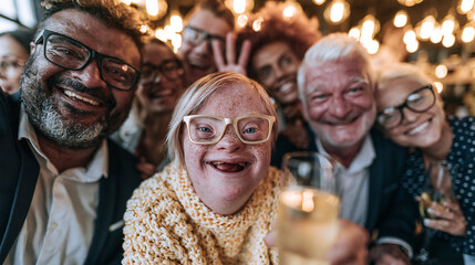 Obraz premium Joyful diverse group celebrating together at a festive gathering with drinks and laughter