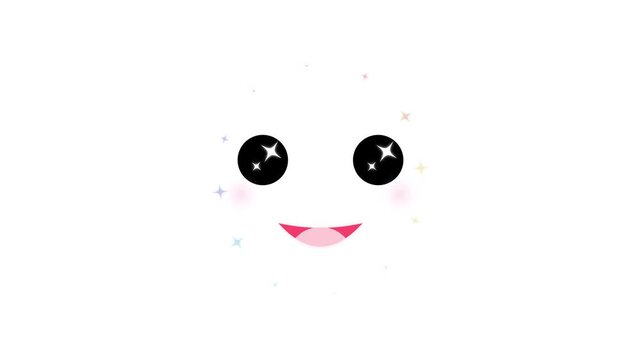 Minimalist Kawaii Smiley Face with Large Sparkling Black Eyes and Pink Cheeks Surrounded by a Circular Halo of Small Pastel Colored Stars on a Plain White Background Surface.