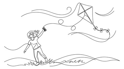 Obraz premium A young child flying a kite outdoors in a simple line drawing style.