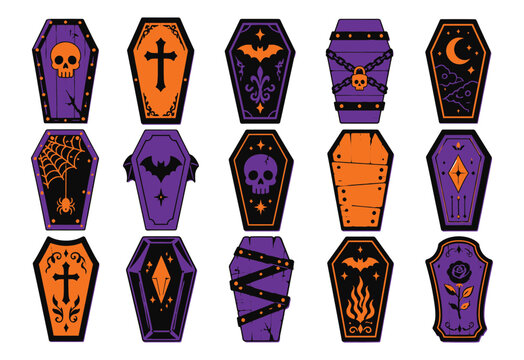 Halloween Coffin Vector Set, Spooky Gothic Coffins Collection with Skull Bat Cross Spider Web