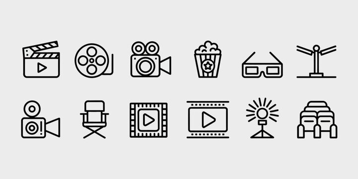 Set of cinema and related line on light gray background popcorn 3d glasses clapperboard icon set,