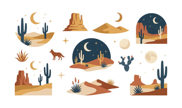Collection of desert landscape with various cacti plants.