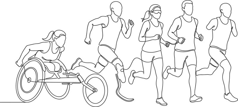Continuous line art of diverse group of runners and athlete in wheelchair.