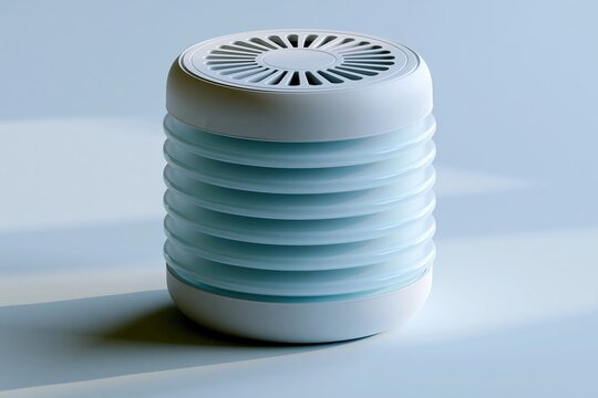 Cylindrical air purifier with translucent purified air layers on matte white background
