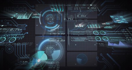Data dashboard initiating refresh for metrics, rotating gauges growing cyan wedge updating charts © vectorfusionart