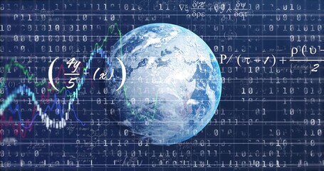 Binary digits rising, 3D Earth rotating while charts and equations animating and visualizing data © vectorfusionart