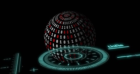 Sphere descending and rotating over tech HUD causing scanning rings and aligning binary for scan © vectorfusionart