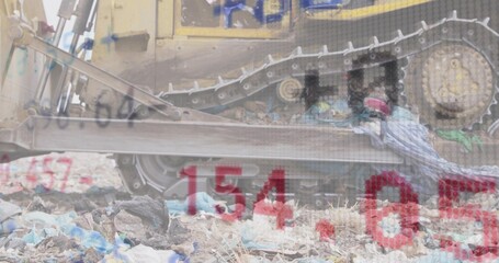 Data overlay appearing triggers tracked dozer nudging waste, cycling currency values showing cost © vectorfusionart