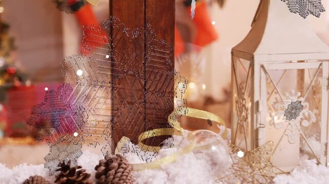 Wooden window moving into focus as camera panning right, revealing lantern, showing sill decor