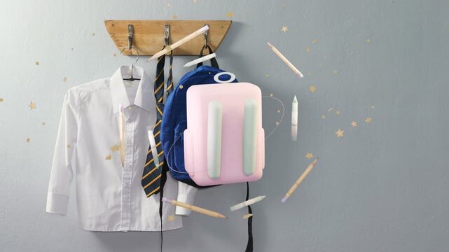 Small object appearing starting pink bag forming rotating toward blue bag orbiting pencils for kids