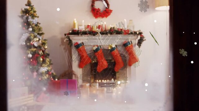 Camera panning, frost lifting on window, mantel revealing stockings and lit candles for cozy warmth