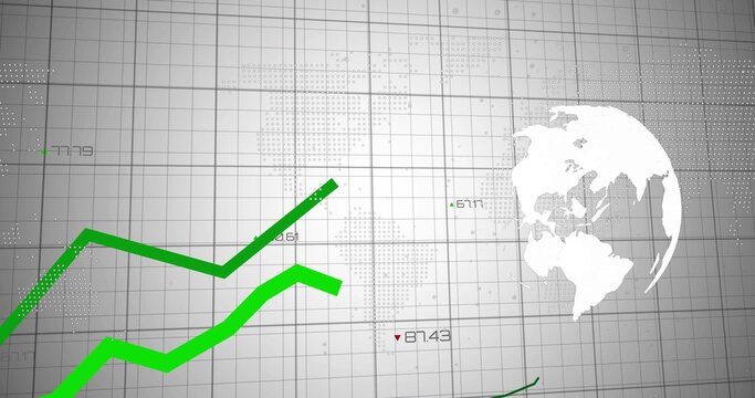 Bright green lines emerging from left, triggered by data feed, rising toward globe for finance