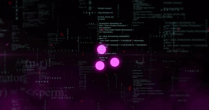 Three magenta orbs brightening, pulsing, jittering then dimming as scrolling code triggers tech HUD