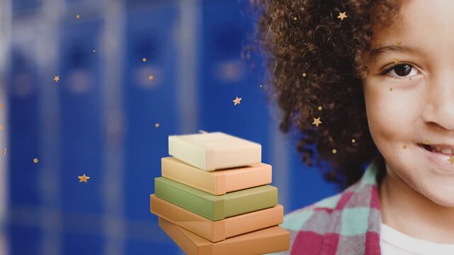 Boy smiling by blue lockers, stars starting box stack in front pins emerging, apple landing school