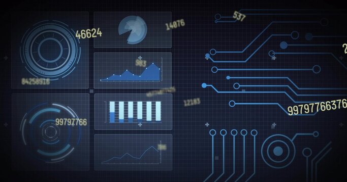 On load dashboard animating with charts updating, numbers drifting, traces pulsing for monitoring