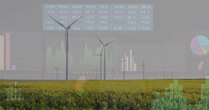 Data feed driving animated charts over horizon wind turbines rotating while displaying energy data