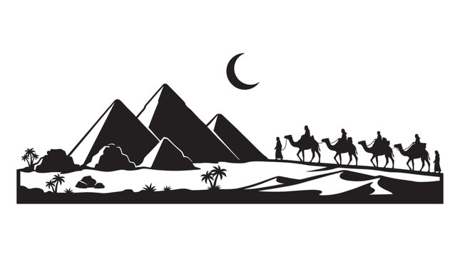 Egyptian Desert Scene With Camels And Pyramids Silhouette