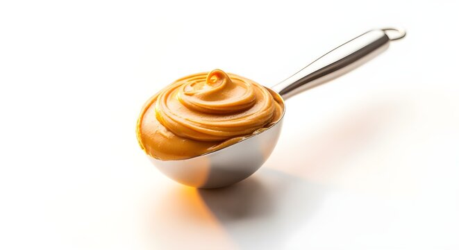 Peanut butter scoop with smooth swirl elegance, luxury warm lighting, isolated white.
